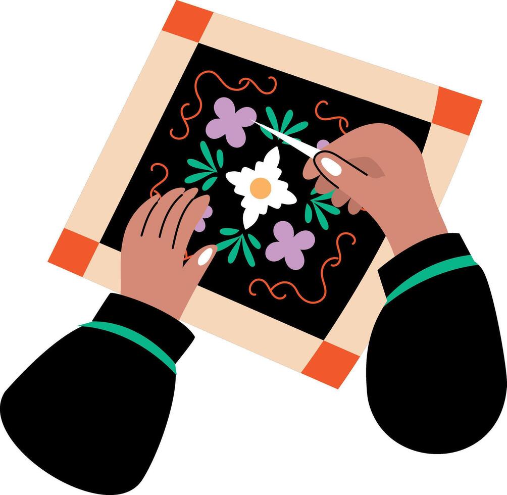 A flat illustration depicting floral embroidery process vector