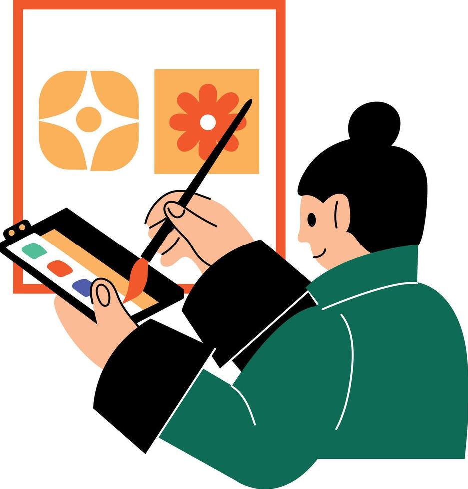 A flat illustration of a female character doing painting vector