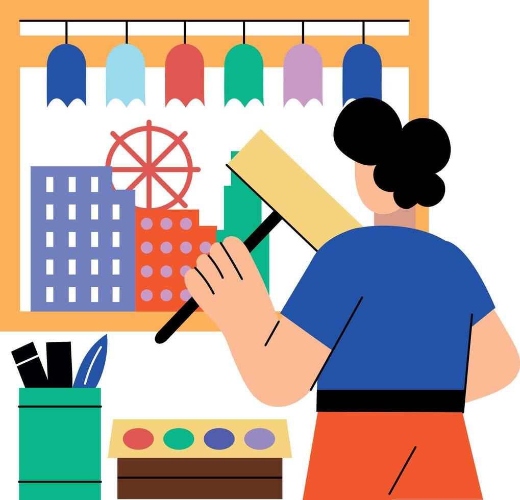 Person painting using his creative skill, flat illustration vector