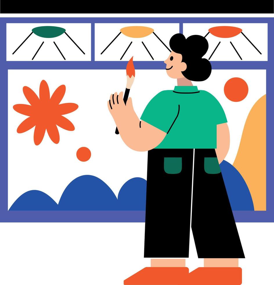 Muralist doing paint art on a wall, flat illustration vector