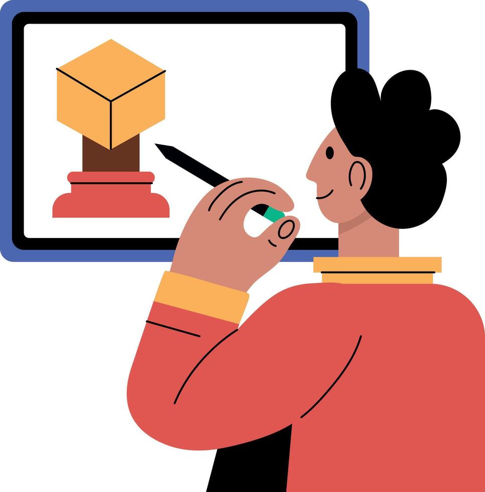 Character working on a 3d modelling software, flat illustration vector