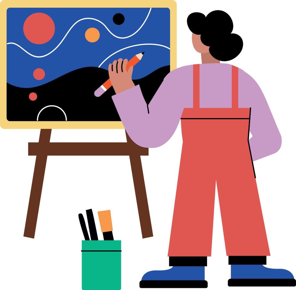 A flat illustration of an artist doing easel painting vector