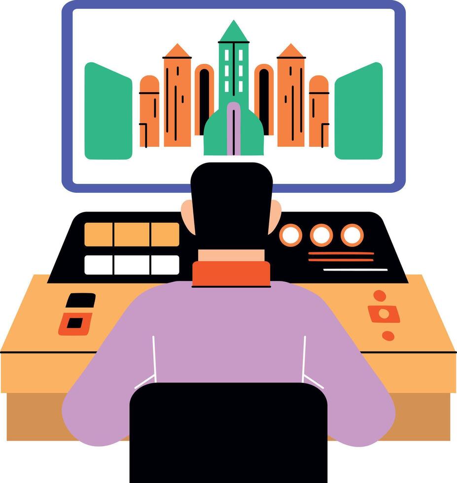 A flat style illustration of user interaction with cyber world vector