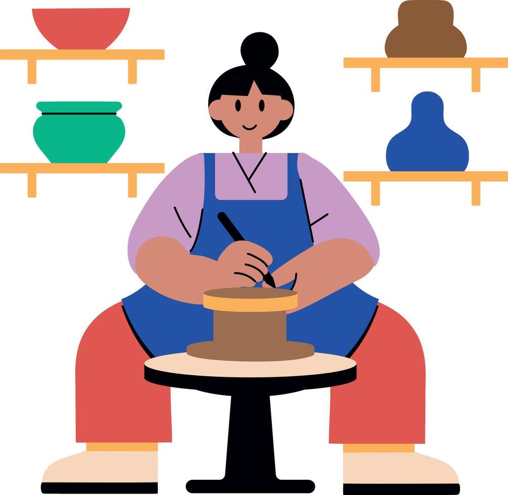 A flat character illustration depicting pottery making vector