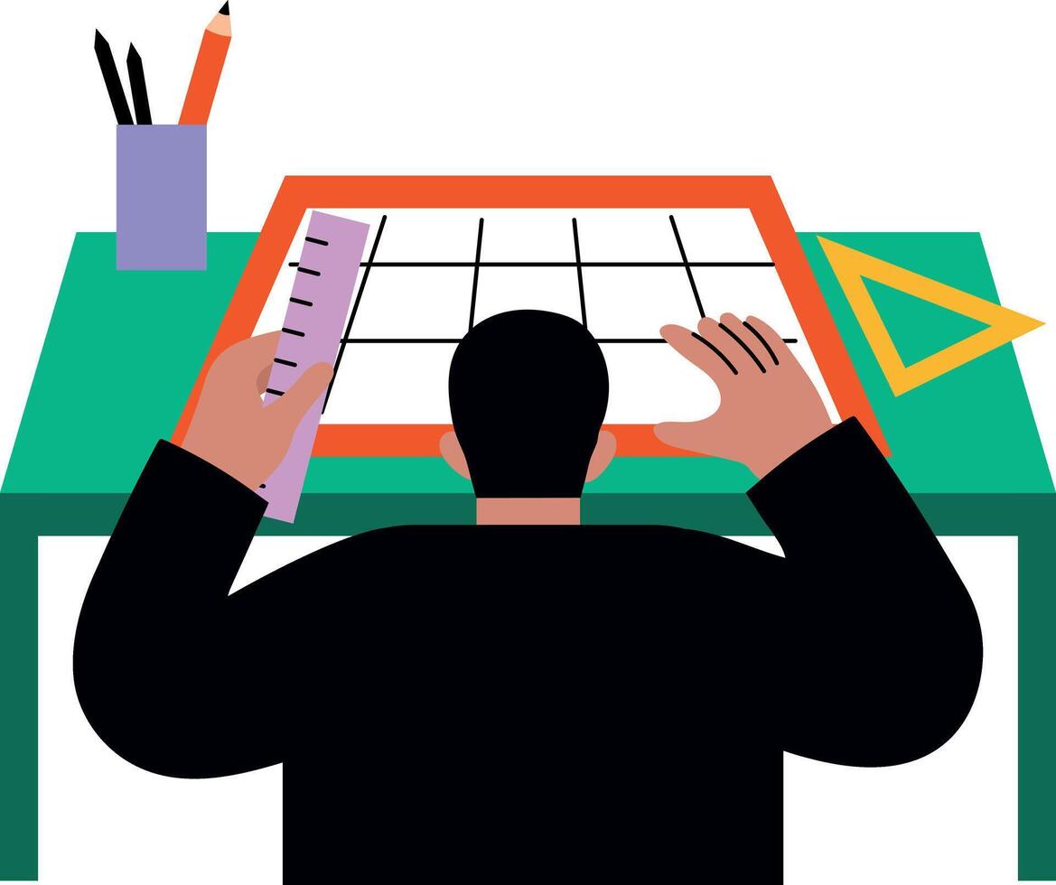 A flat illustration of architect character making blueprint vector