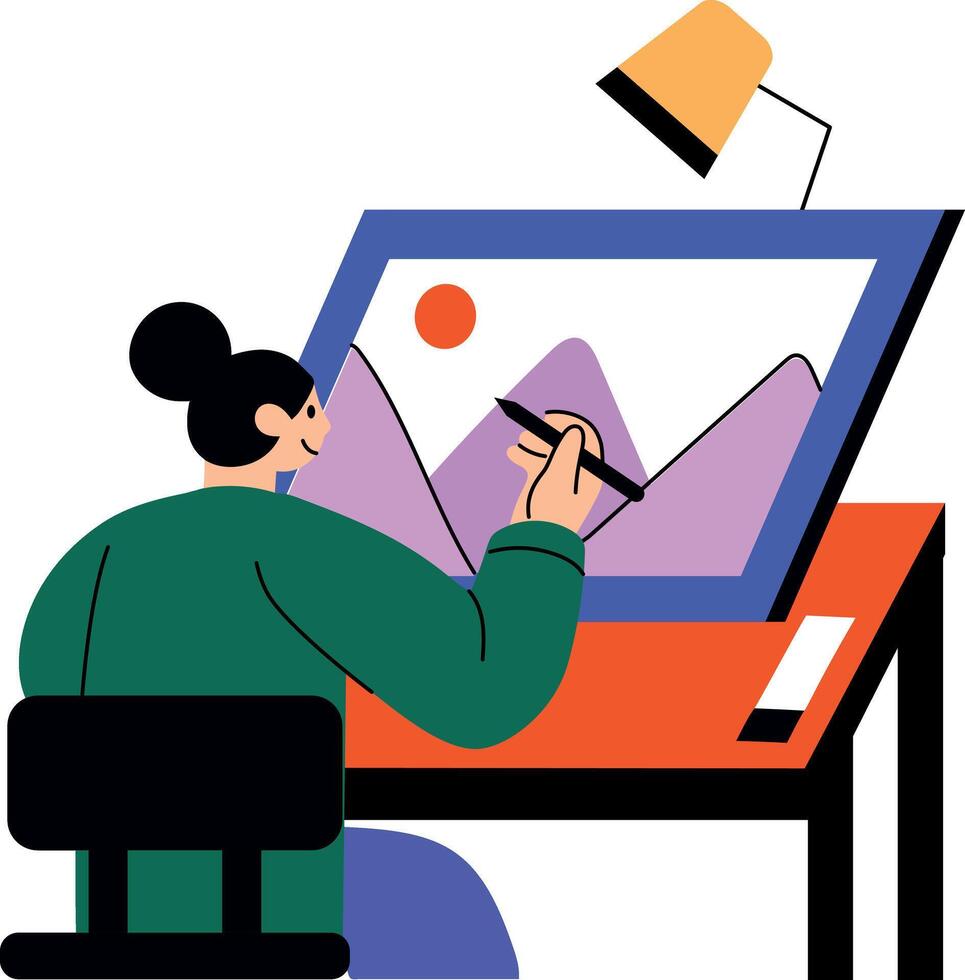 Portrait artists drawing a landscape, flat style illustration vector