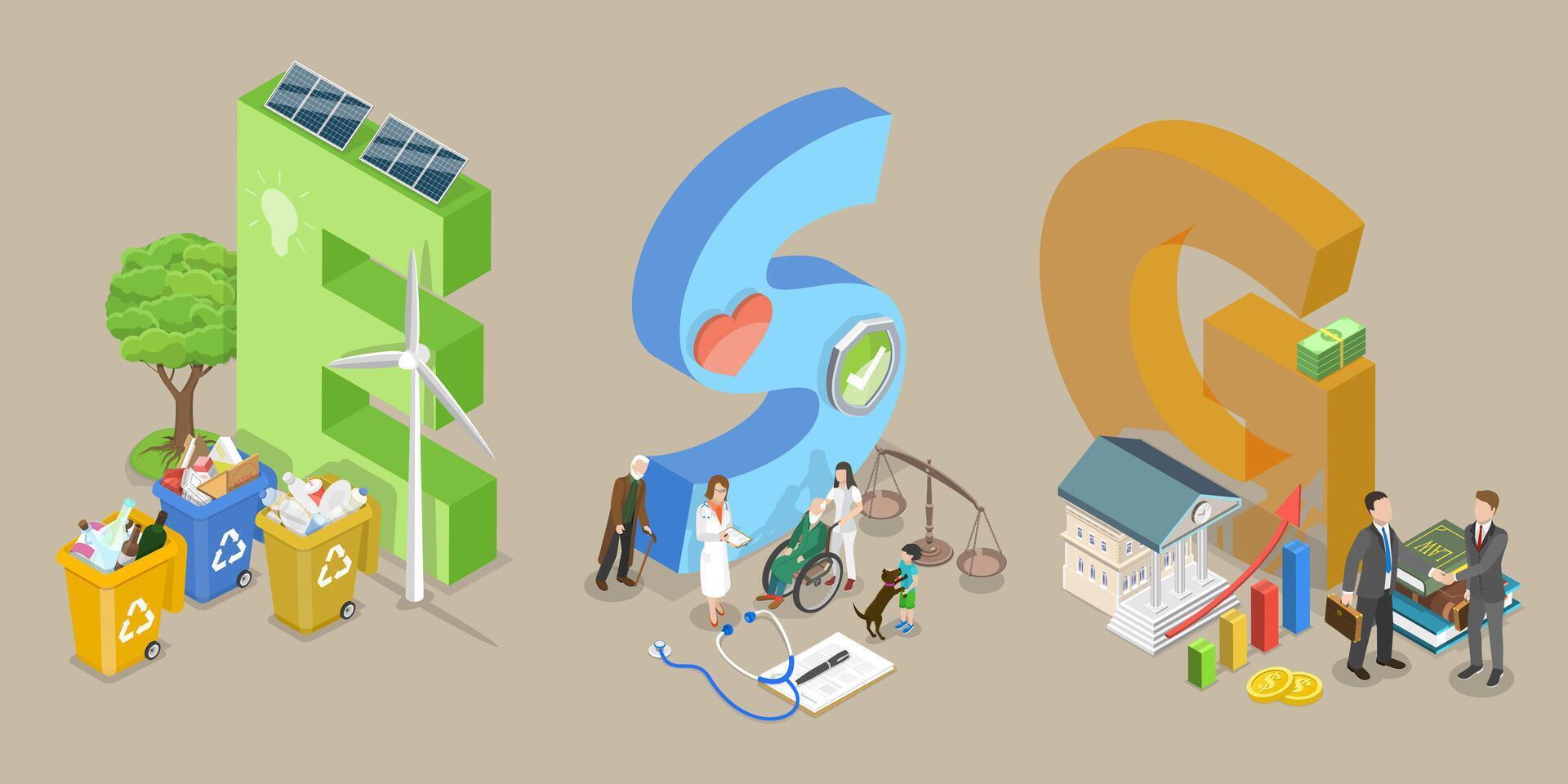 3D Isometric Flat Conceptual Illustration of ESG as Environmental, Social and Governance vector