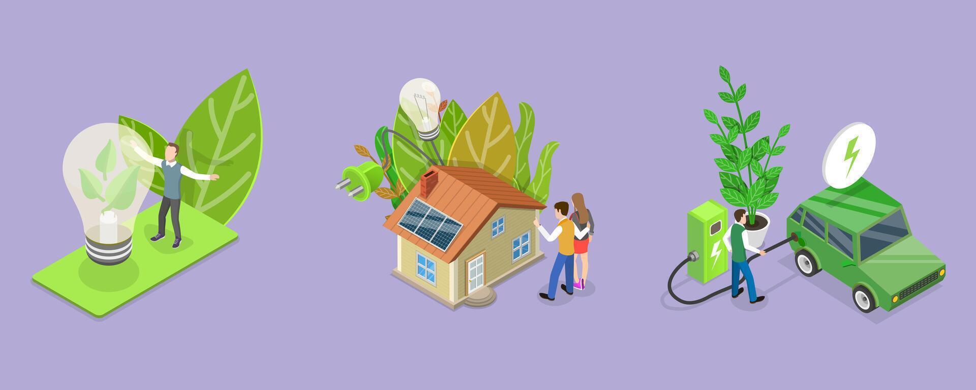 3D Isometric Flat Conceptual Illustration of Sustainable and Renewable Energy vector