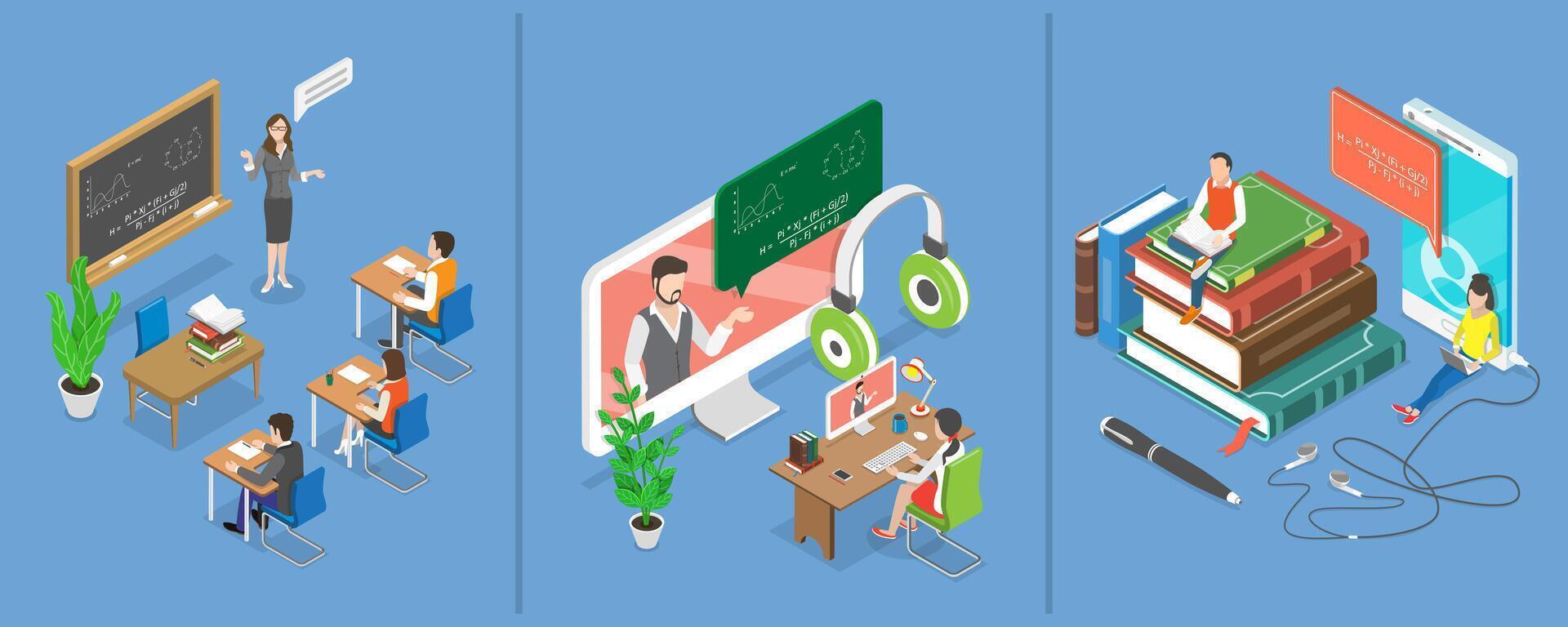 3D Isometric Flat Conceptual Illustration of Hybrid or Blended Learning vector