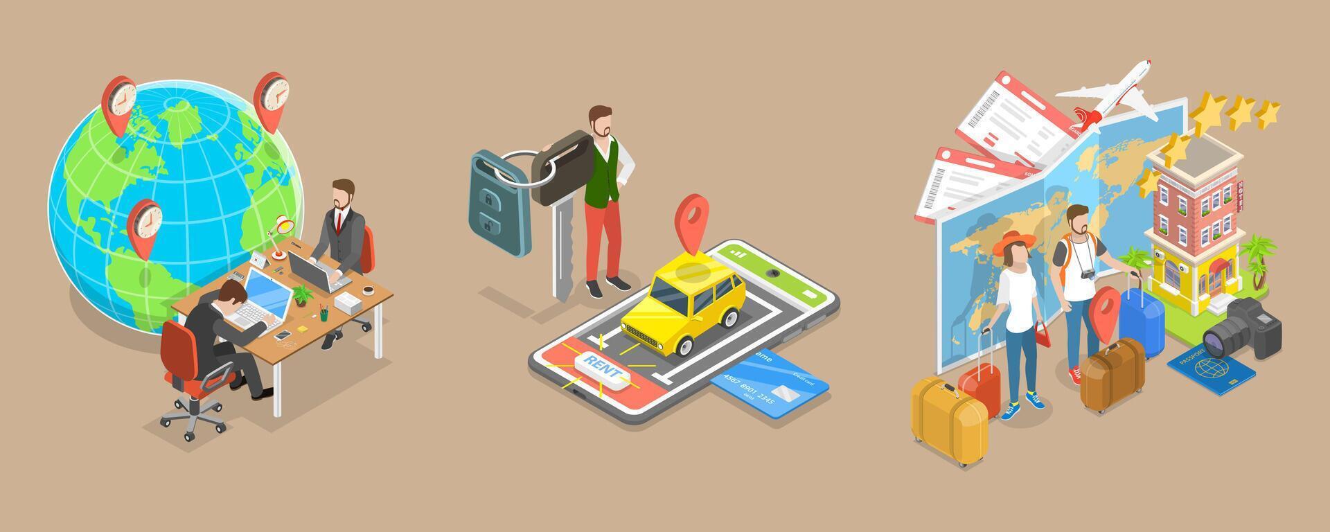 3D Isometric Flat Conceptual Illustration of World Traveling vector