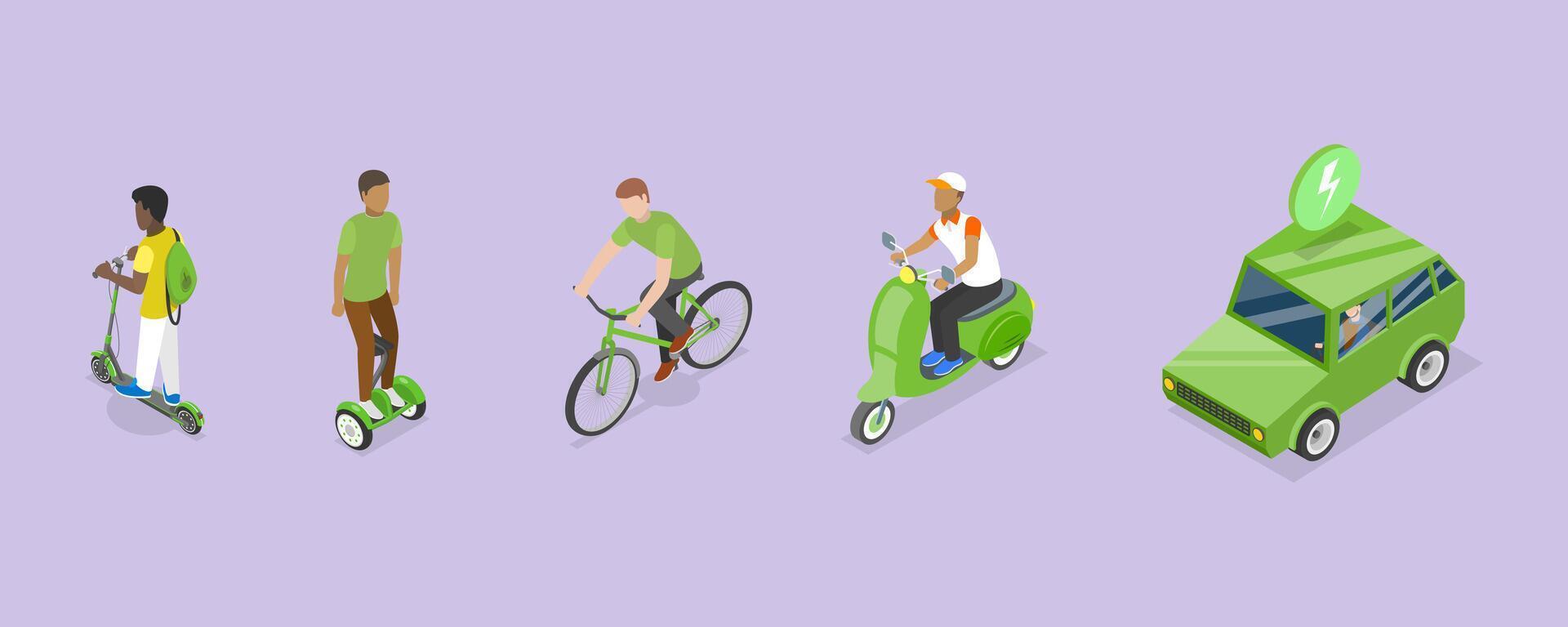 3D Isometric Flat Conceptual Illustration of Green Energy Transport Set vector