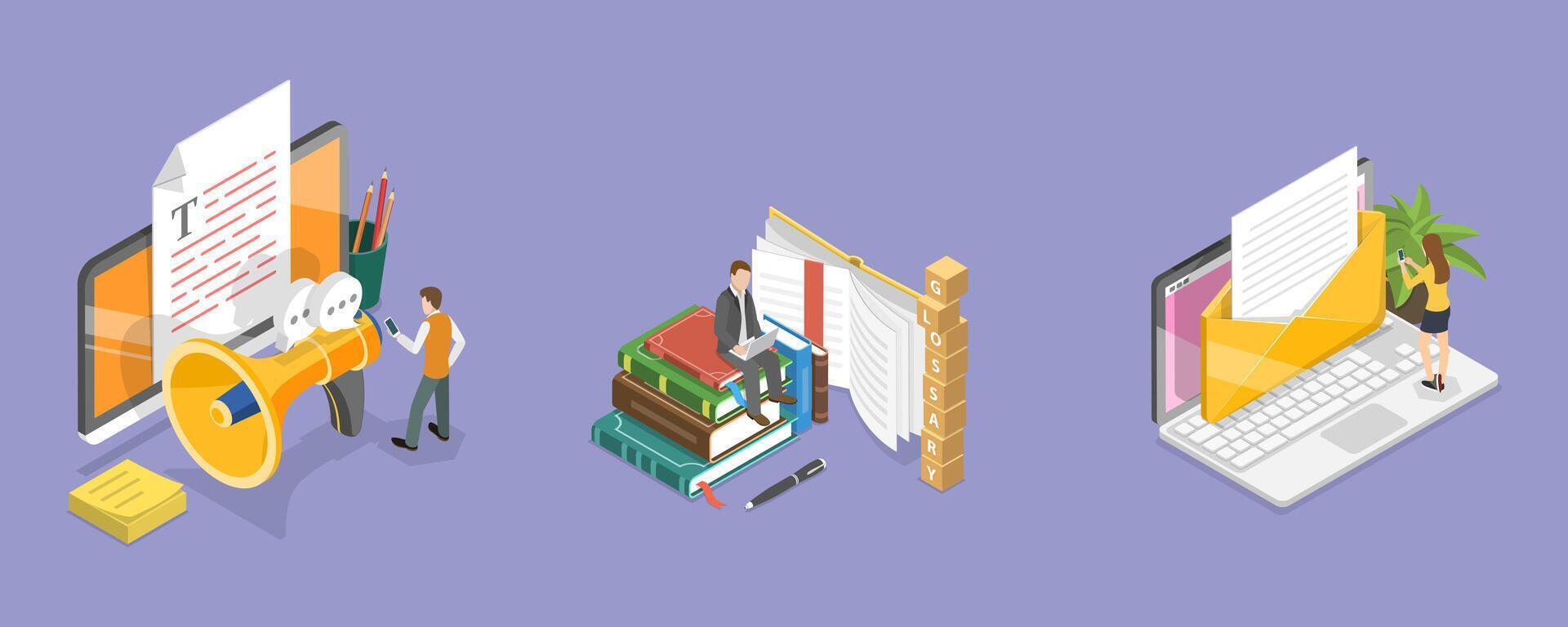 3D Isometric Flat Conceptual Illustration of Glossary And News vector