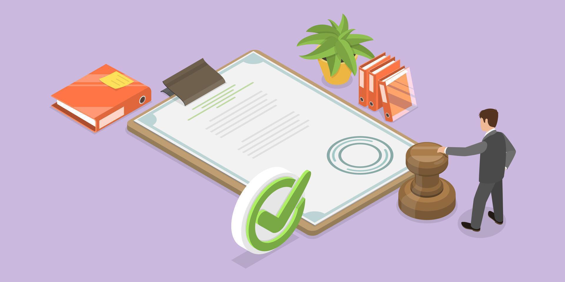 3D Isometric Flat Conceptual Illustration of Document Approval vector
