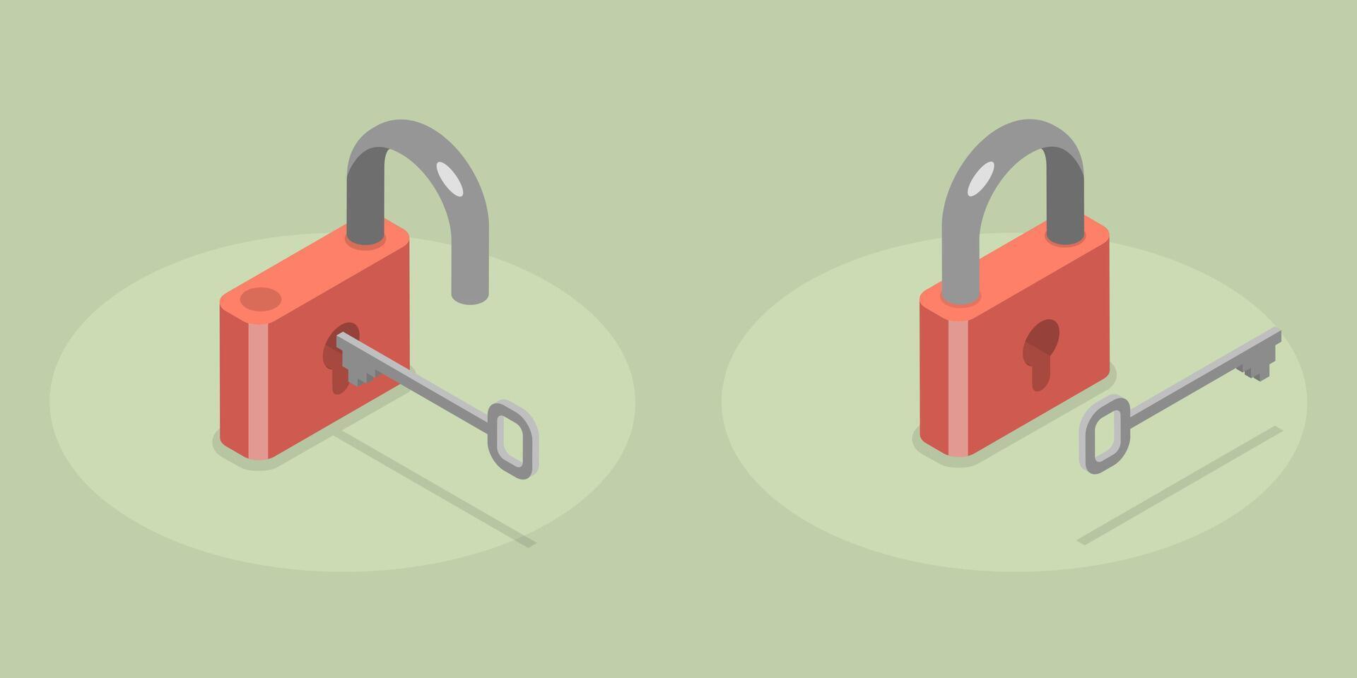 3D Isometric Flat Icon of Lock With Key vector