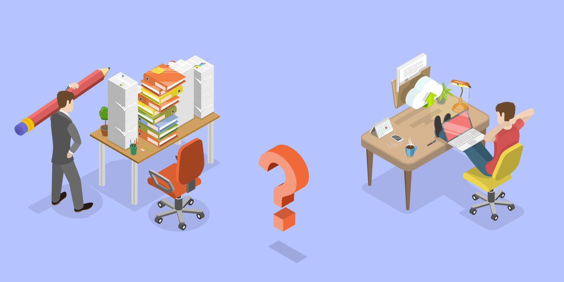 3D Isometric Flat Conceptual Illustration of Paper VS Digital Documents vector