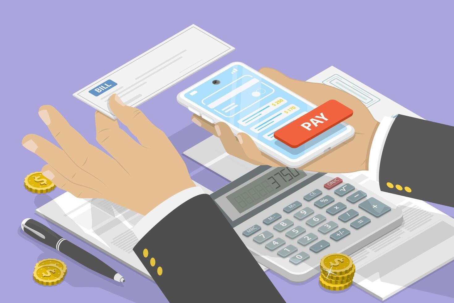 3D Isometric Flat Conceptual Illustration of Bill Online Payment vector