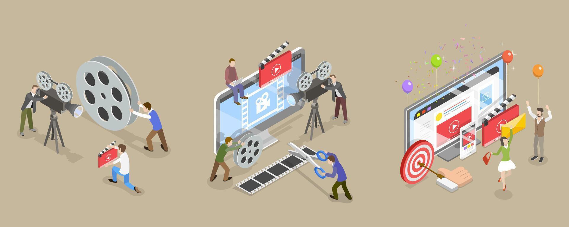3D Isometric Flat Conceptual Illustration of Motion Design Studio vector