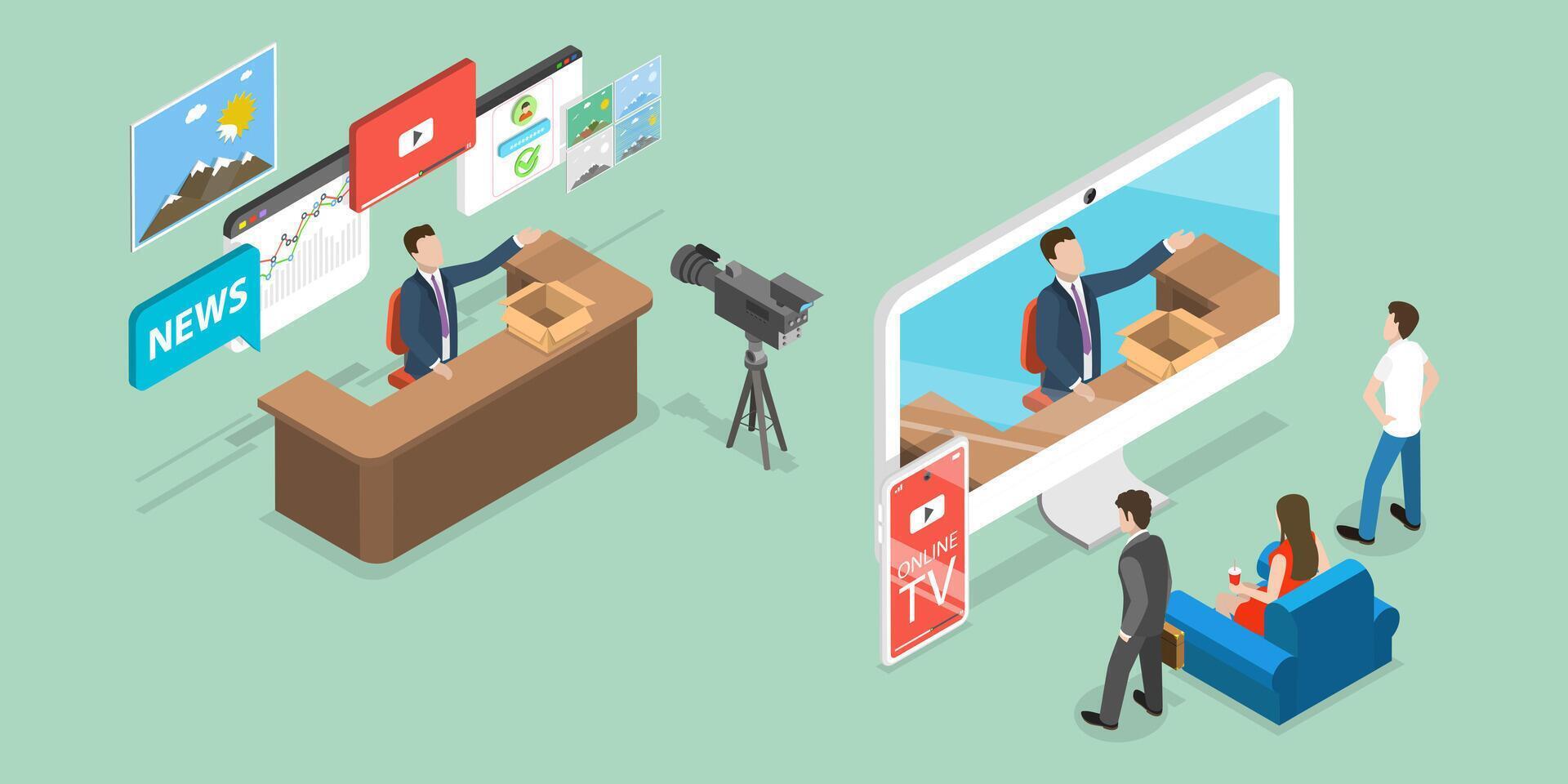 3D Isometric Flat Conceptual Illustration of Streaming TV vector