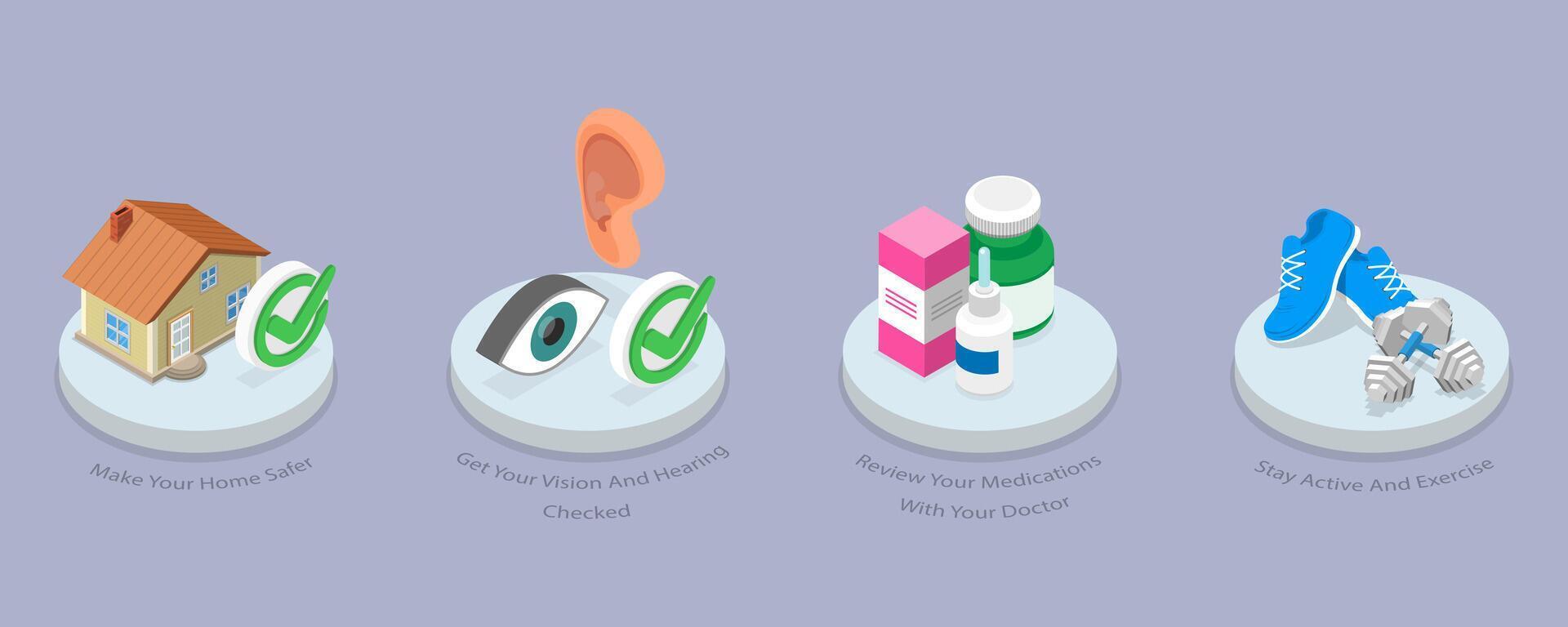 3D Isometric Flat Conceptual Illustration of Elderly Fall Prevention vector