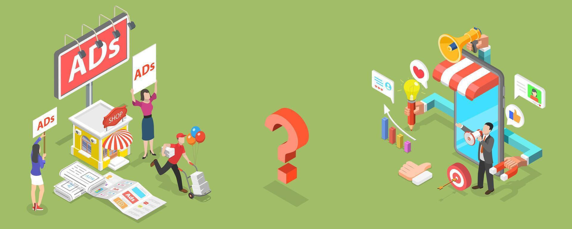 3D Isometric Flat Conceptual Illustration of Online Vs Offline Advertising vector