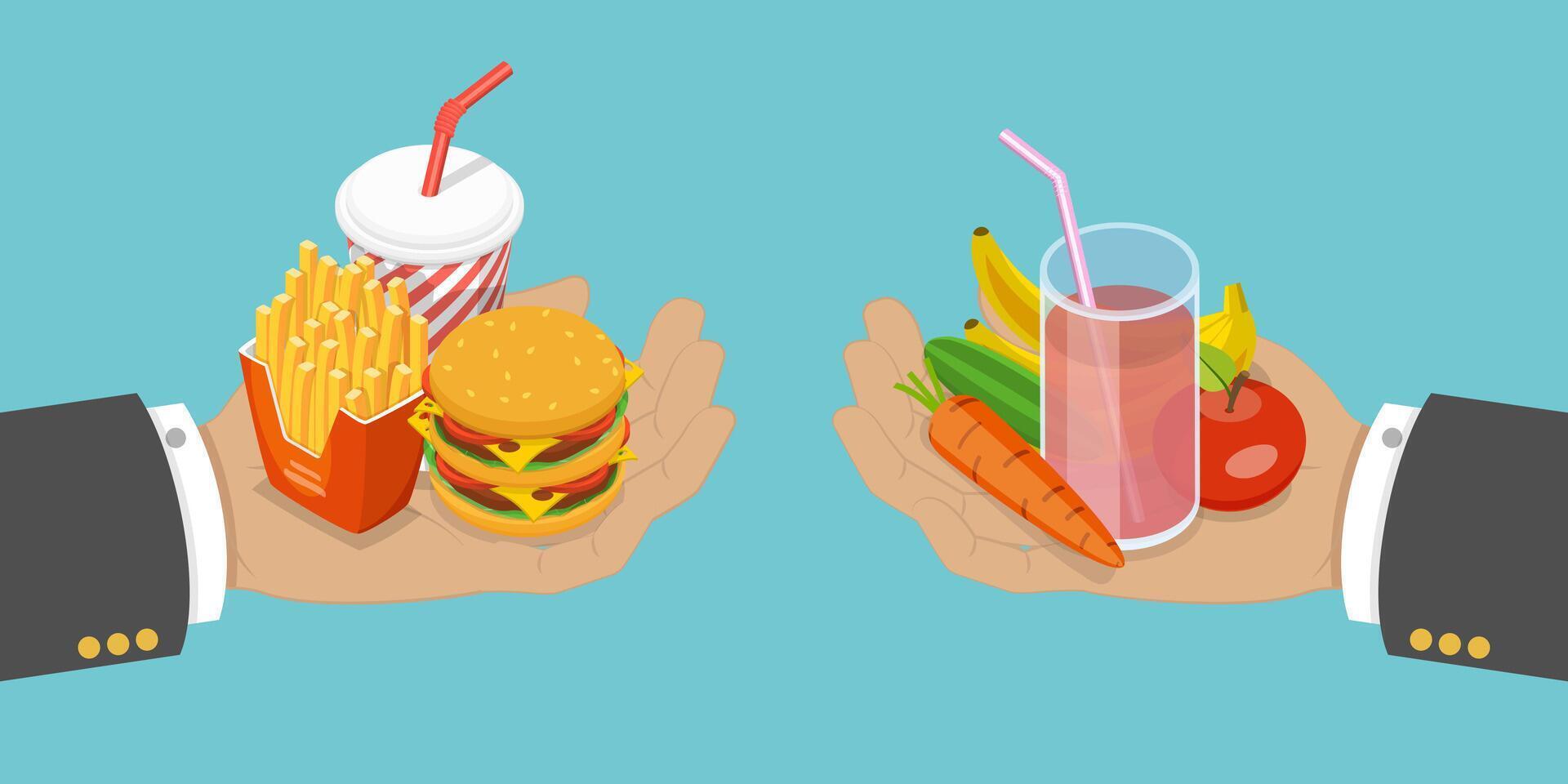 3D Isometric Flat Conceptual Illustration of Fastfood Vs Balanced Menu vector