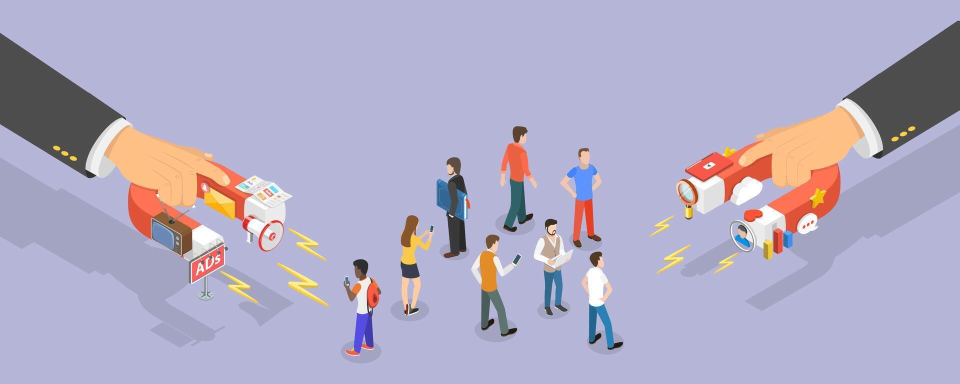 3D Isometric Flat Conceptual Illustration of Inbound Vs Outbound Marketing vector