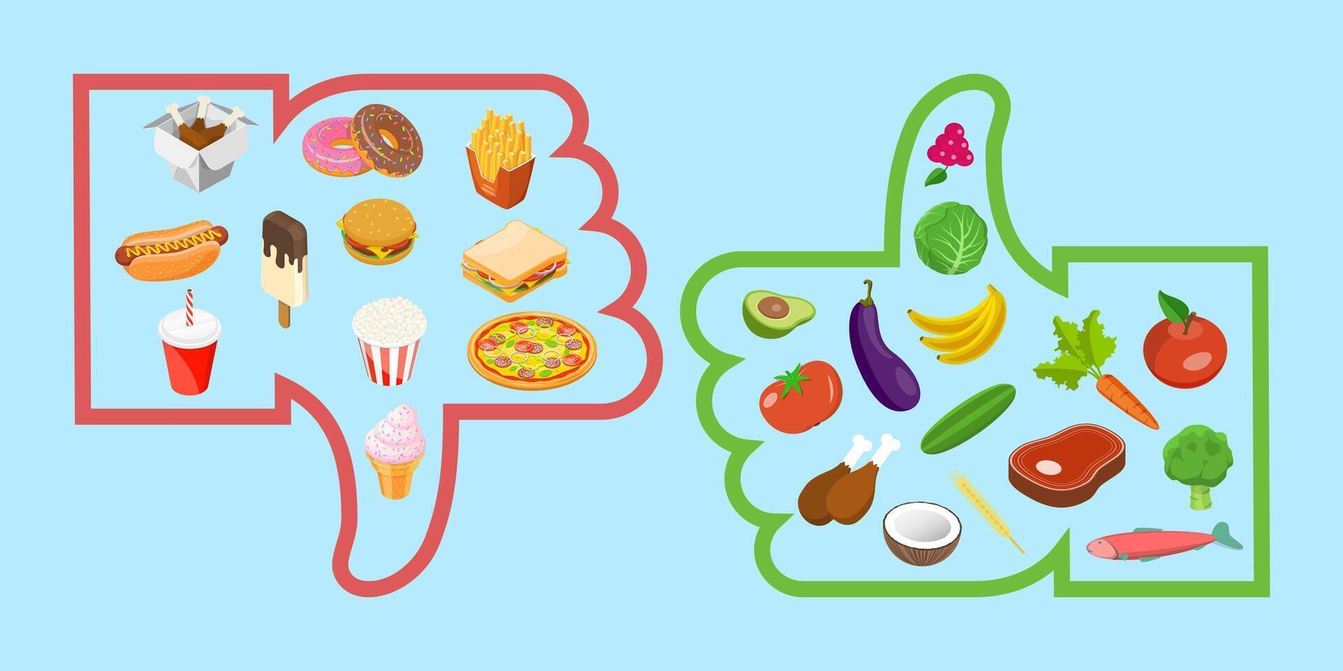 3D Isometric Flat Conceptual Illustration of Healthy Vs Junk Food vector