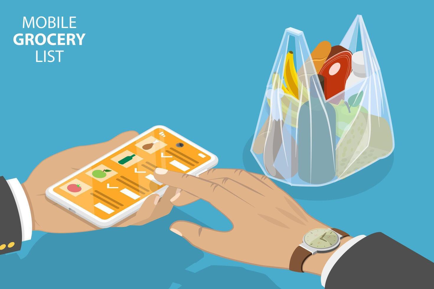 3D Isometric Flat Conceptual Illustration of Mobile Grocery List vector