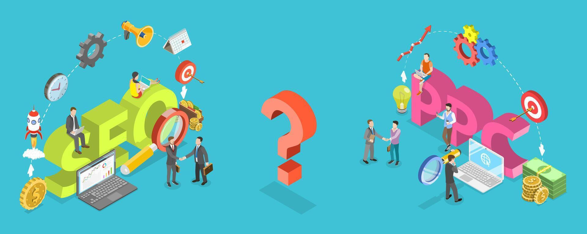 3D Isometric Flat Conceptual Illustration of SEO Vs PPC vector
