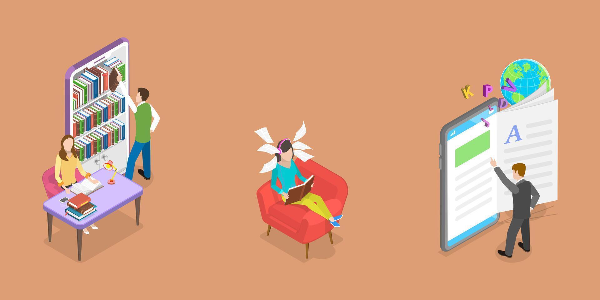 3D Isometric Flat Conceptual Illustration of Online Library vector