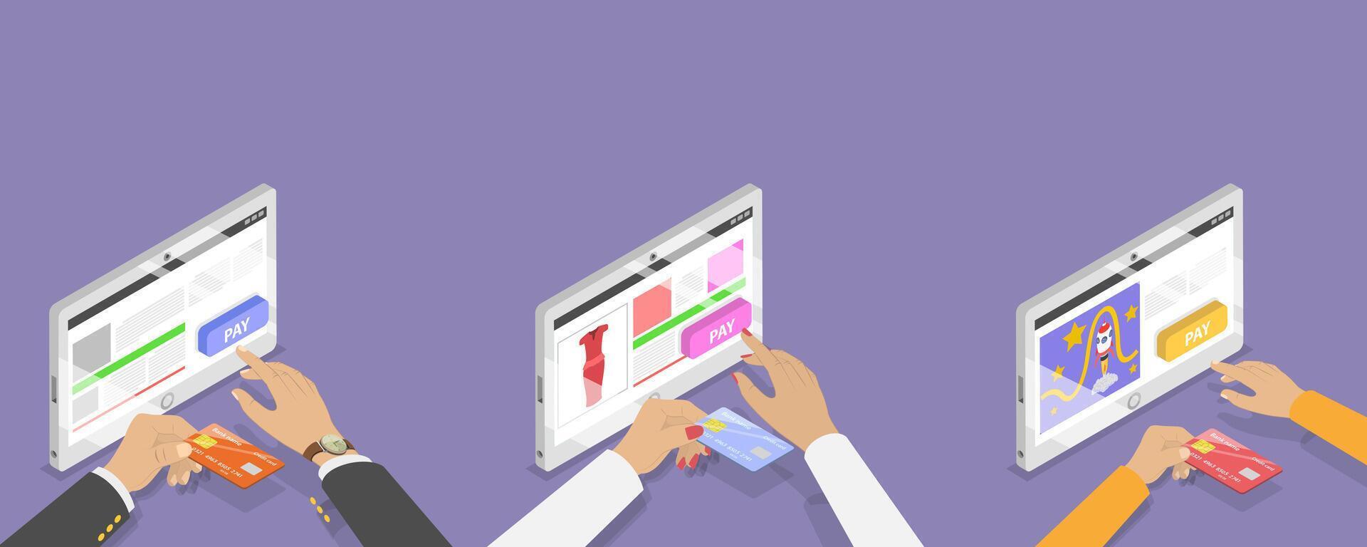 3D Isometric Flat Conceptual Illustration of Online Payment vector