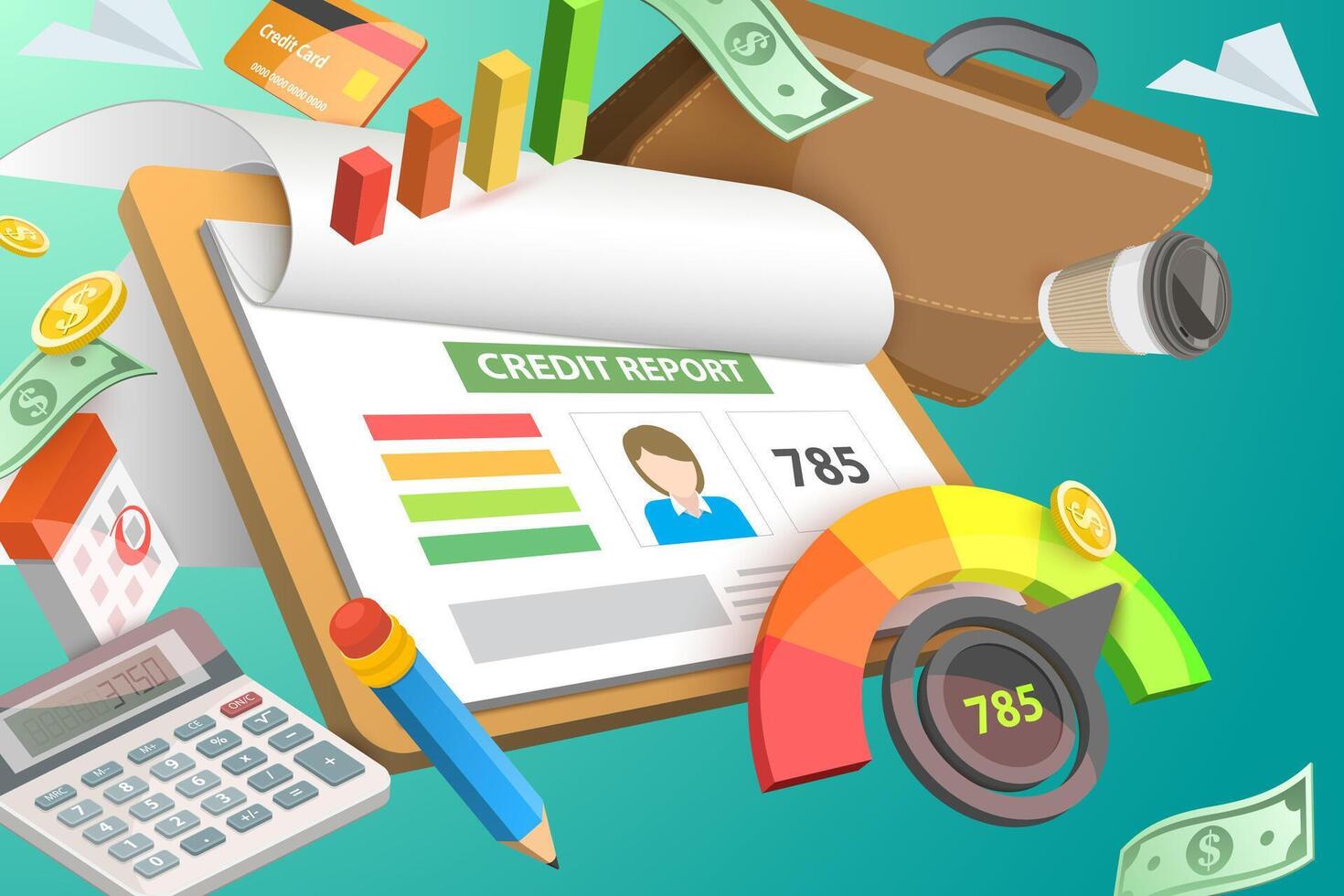 3D Conceptual Illustration of Credit Score Report vector