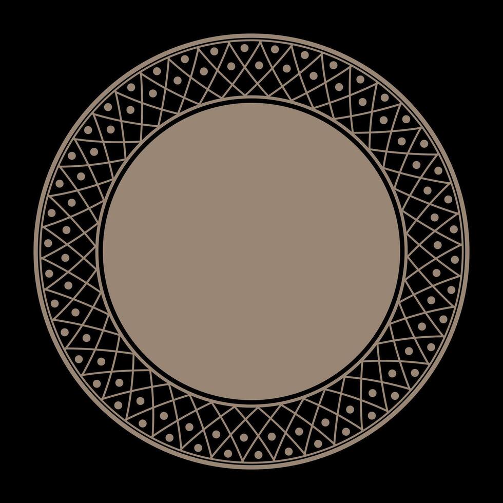Lacy gold round frame. Abstract round gold frame. Gold plate with abstract geometric pattern design. For round surfaces, laser cutting, engraving, porcelain, textile, embroidery, sandblasting. vector