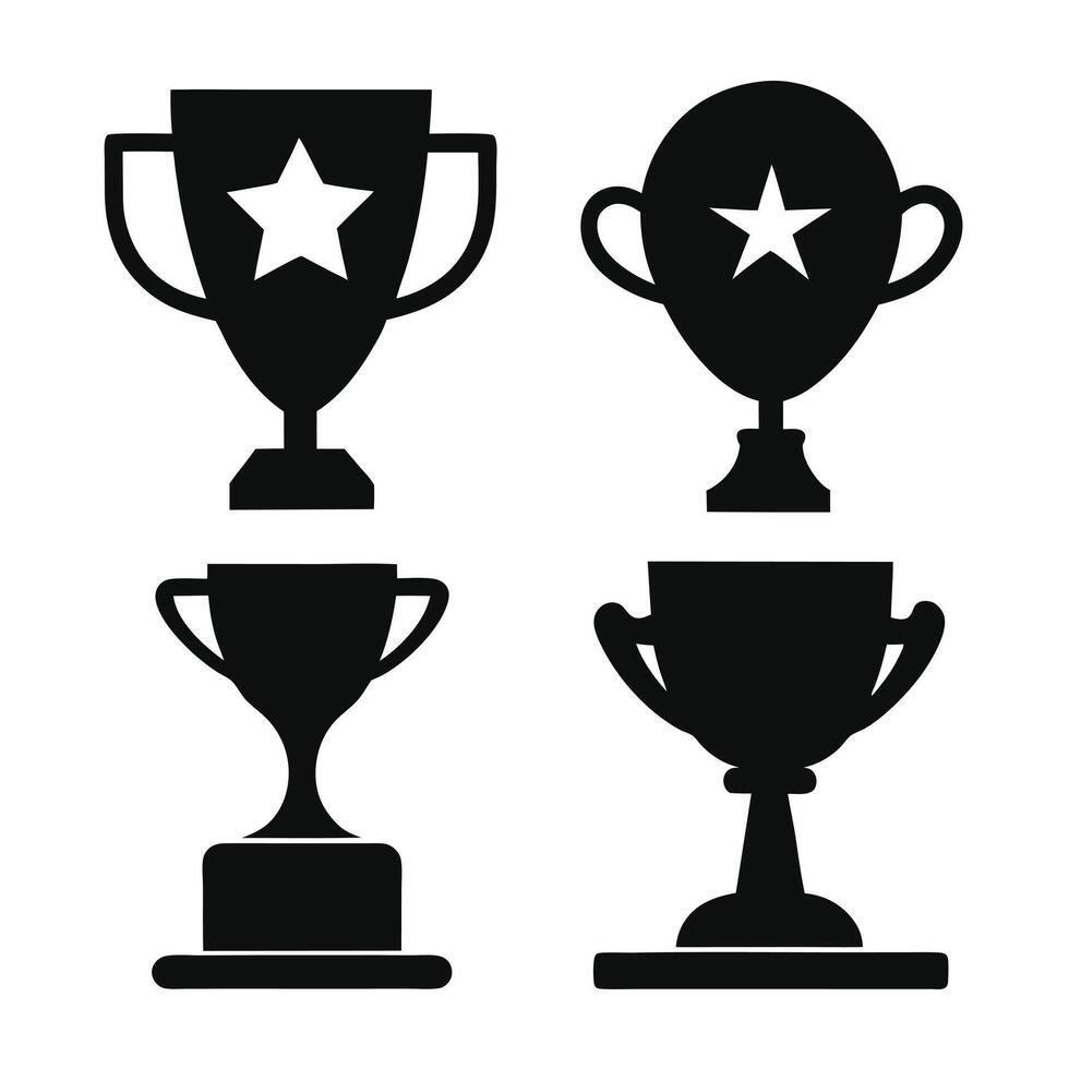 This image features four simple, solid black silhouette icons of awards, including trophies and a shield with laurel wreath, on a white background. vector