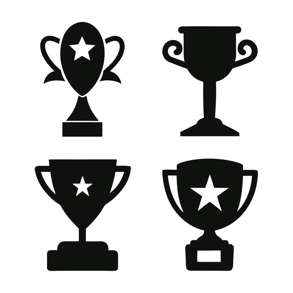 This black and white graphic displays three different trophy designs, each on its own pedestal. vector