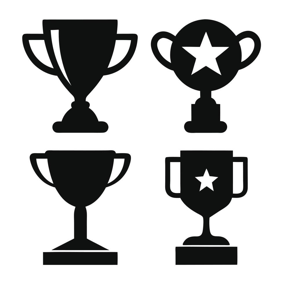 Four different trophy design icons in a solid black silhouette against a pure white background. vector