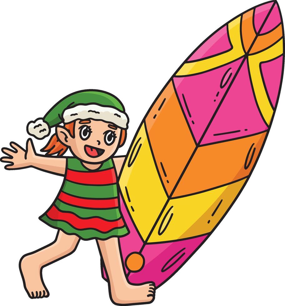 Christmas in July Elf and Surfboard Clipart vector