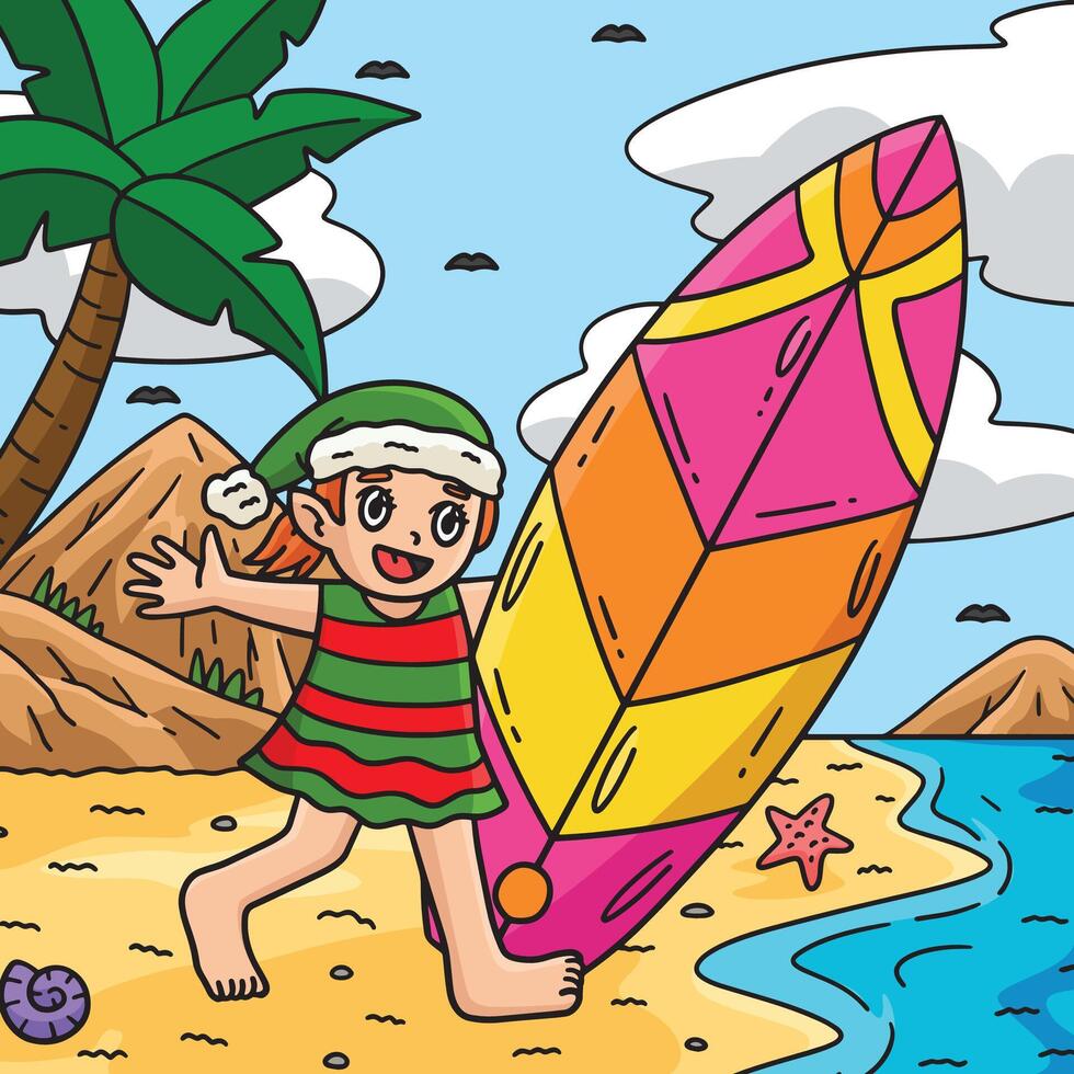 Christmas in July Elf and Surfboard Colored vector