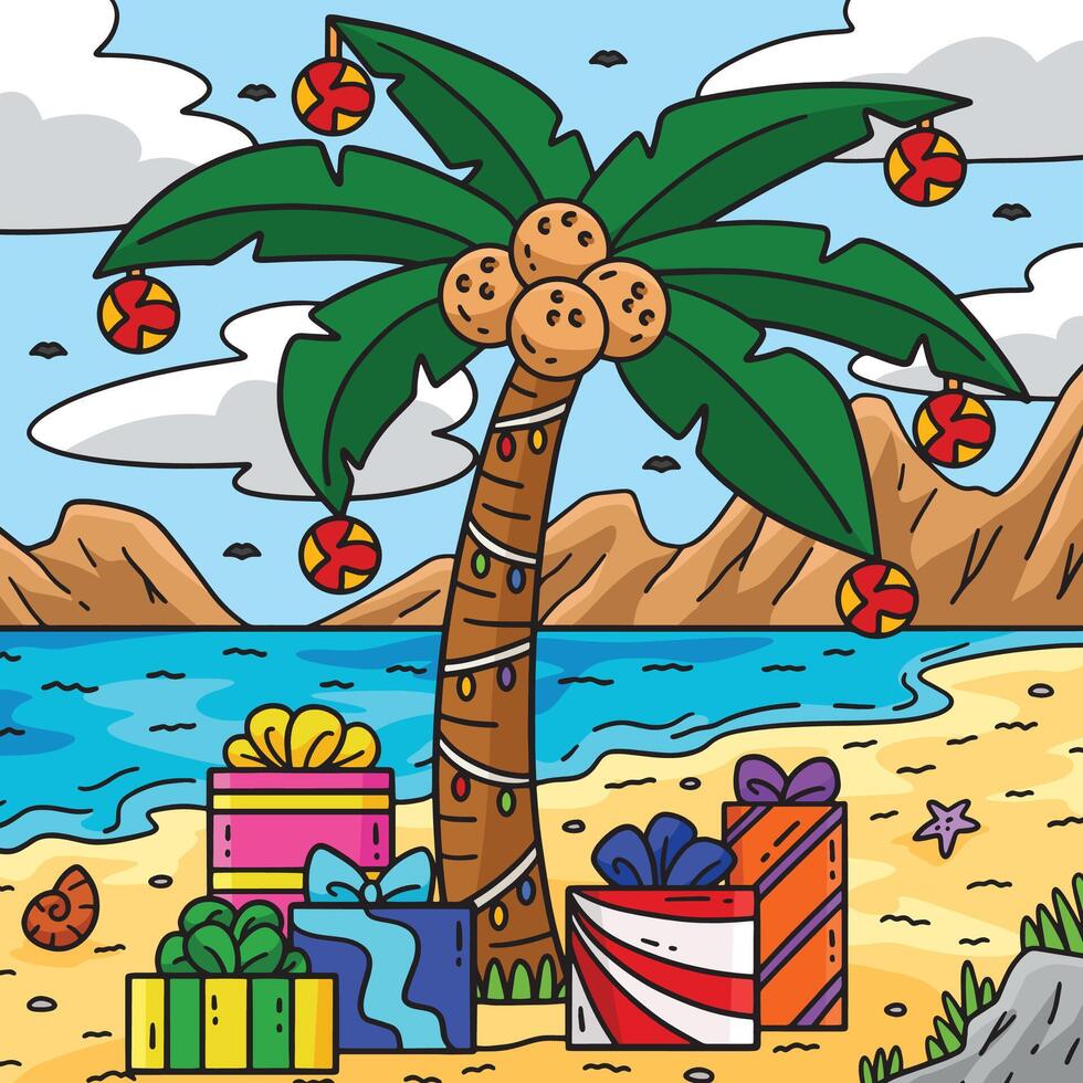 Christmas in July Coconut Tree Presents Colored vector