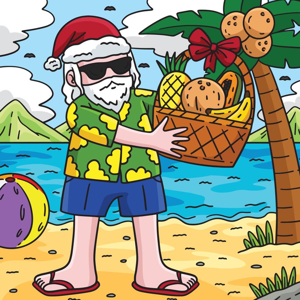 Christmas in July Santa Basket of Fruits Colored vector