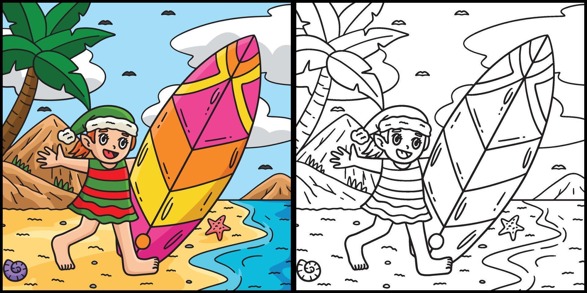 Christmas in July Elf and Surfboard Illustration vector