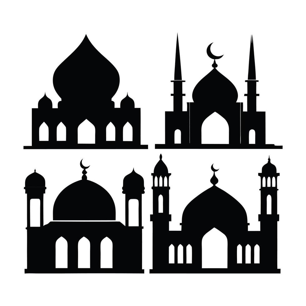 This image showcases a set of four different mosque silhouettes against a plain white background. vector