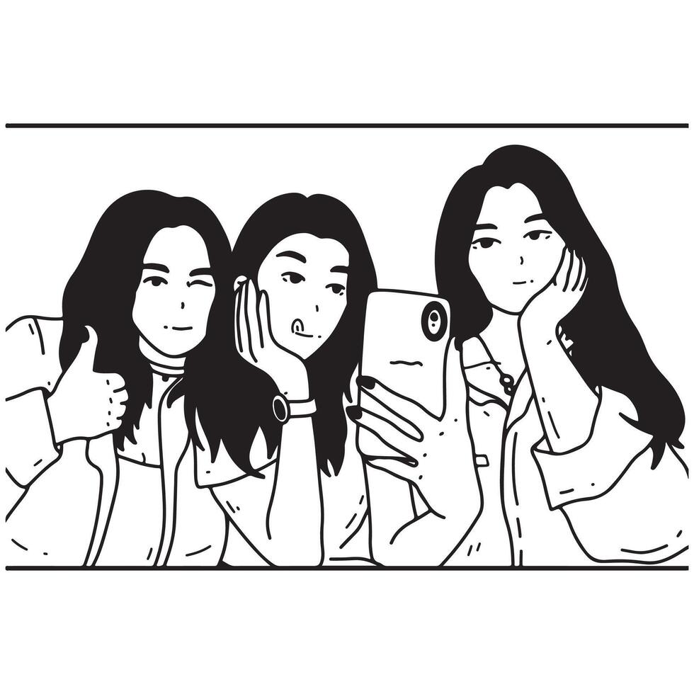 Group of friends taking selfie with smartphone. Black and white illustration. vector
