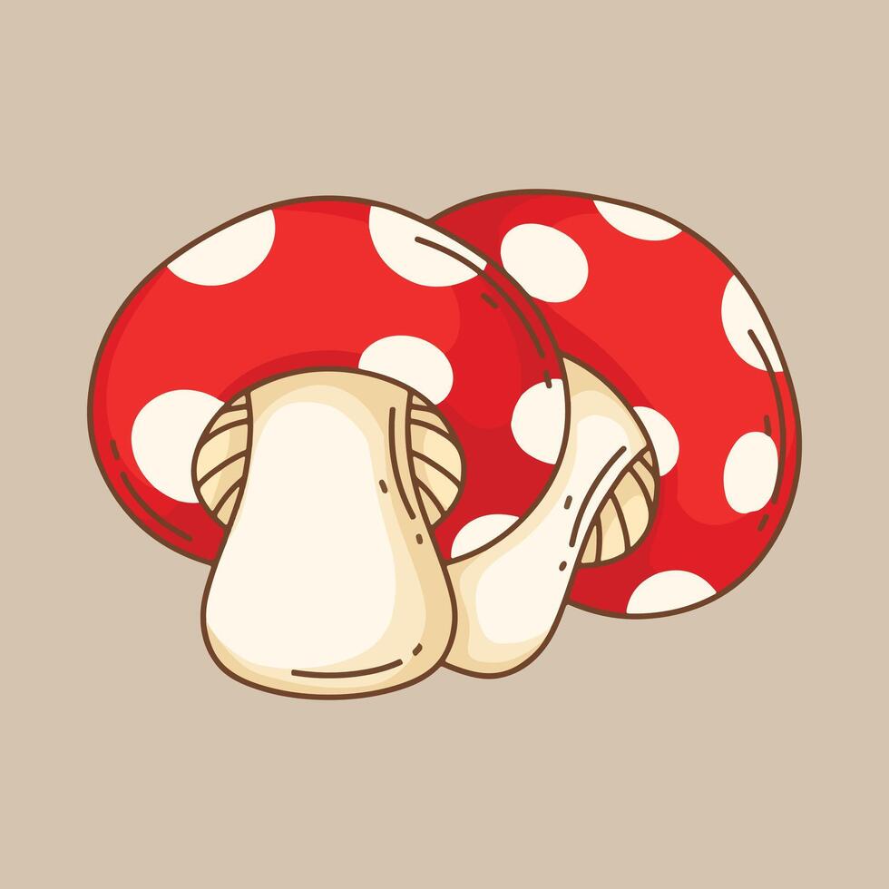 Cartoon mushroom with red polka dots on beige background. vector