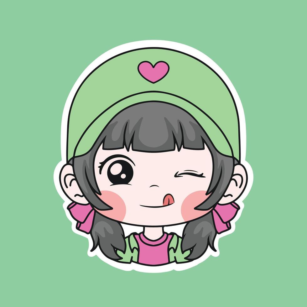 Cute Cartoon Girl wearing cap Illustration. Isolated on Green Background vector