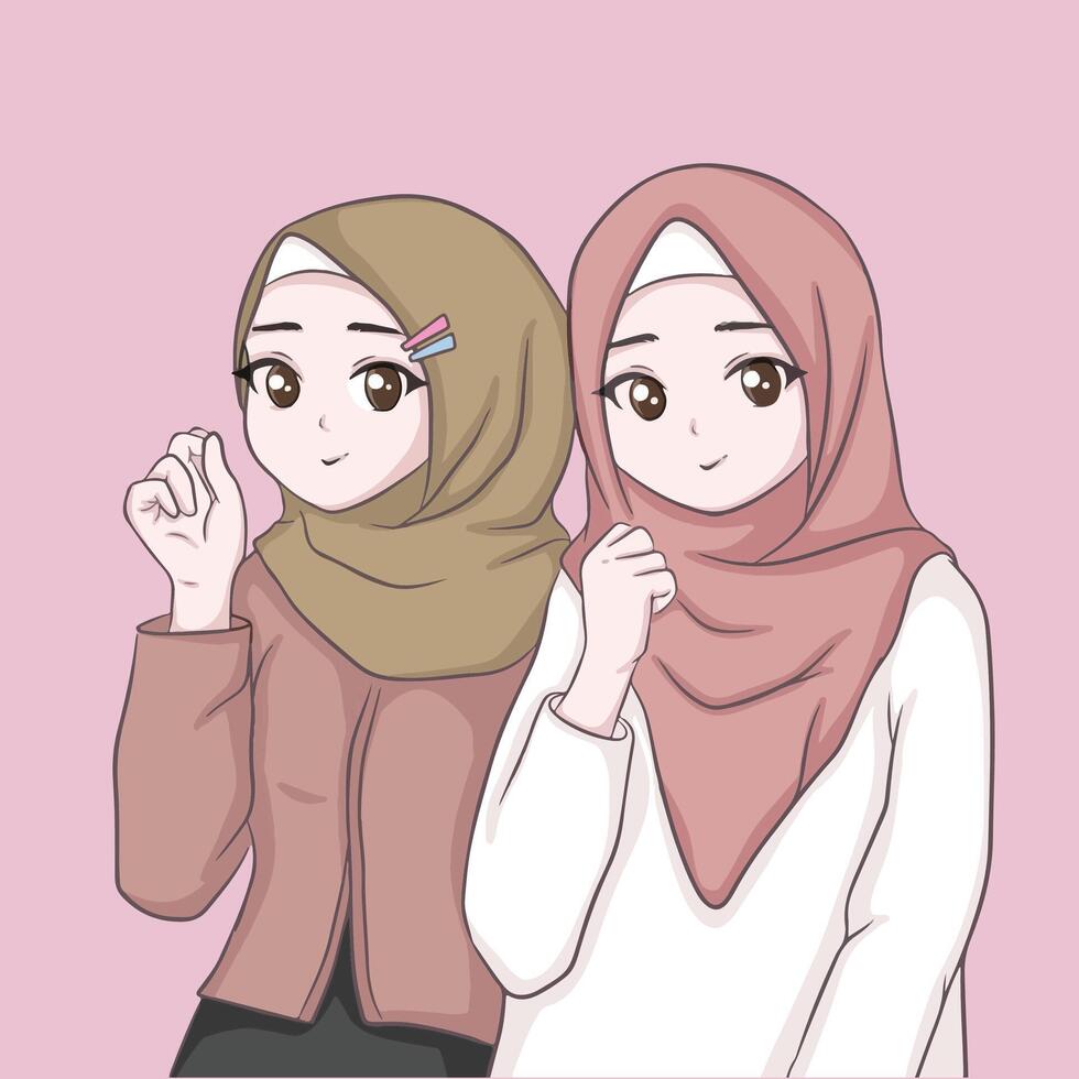 two hijab girls with different expressions, illustration, eps10 vector