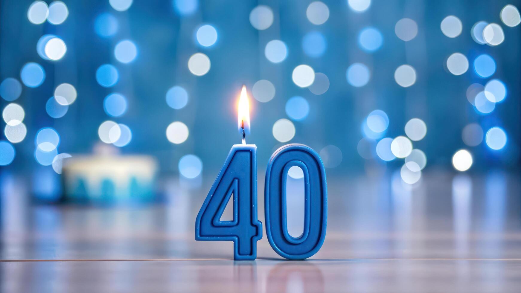 Blue birthday candle with number 40 in front of blurred background photo