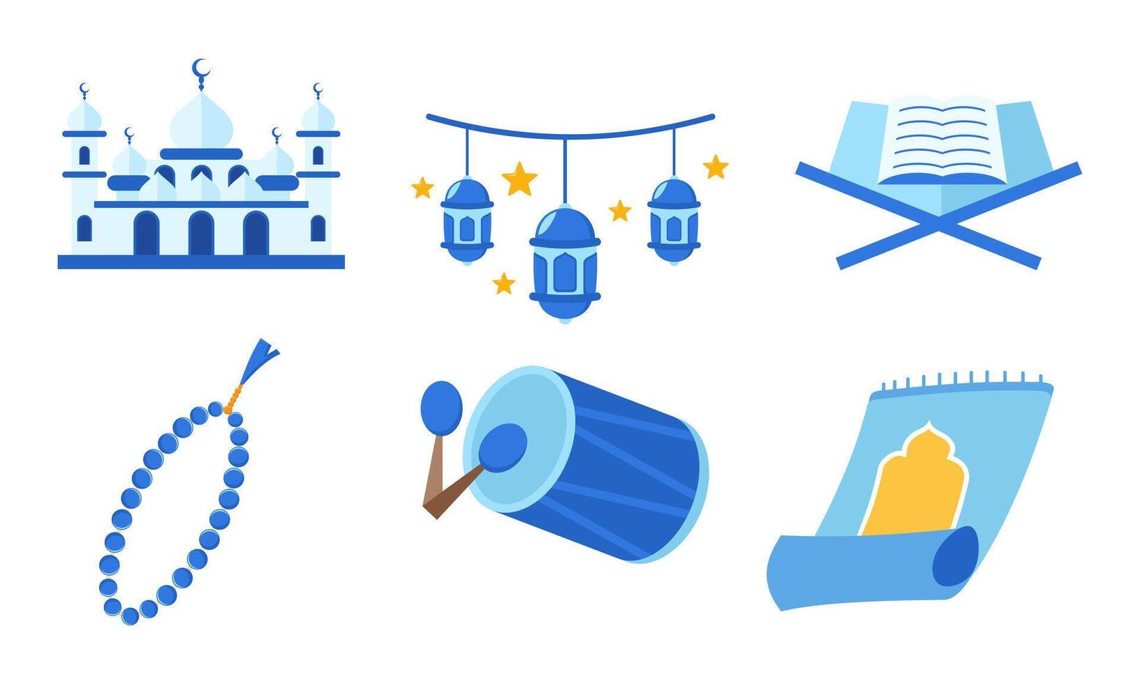 Ramadan Kareem set in flat graphic design. Collection of lantern elements, Quran, mosque, prayer rug, tasbih, bedug and other islam holiday signs. illustration vector