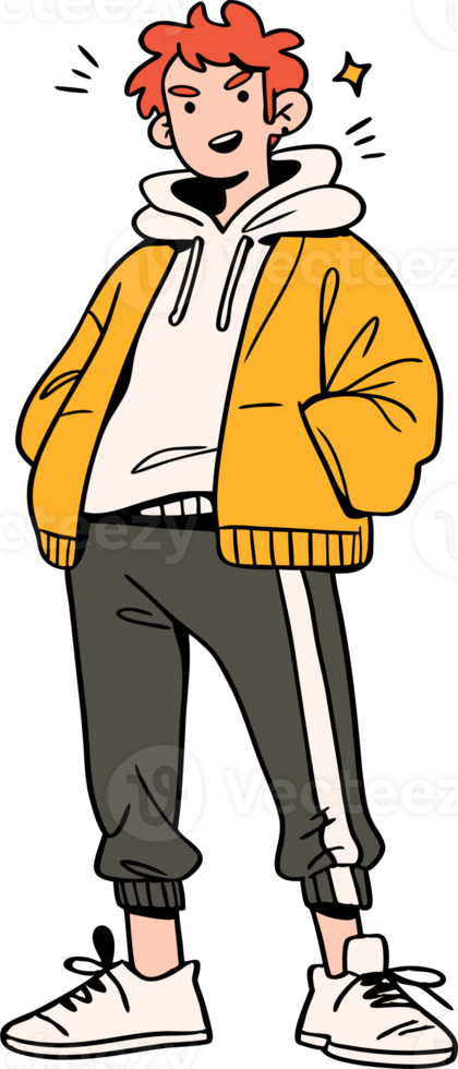 Trendy Illustration of a Red-Haired Individual in Casual Yellow Jacket and Hoodie png