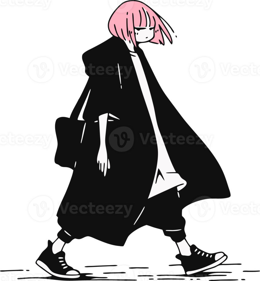 Stylish Minimalist Anime Girl with Pink Hair in Oversized Black Outfit png